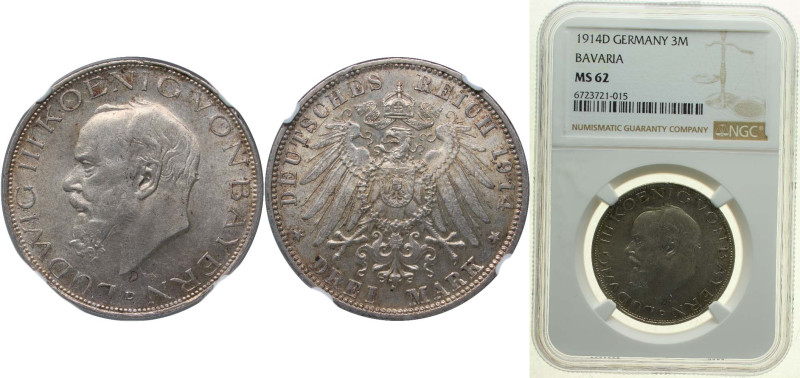 Germany Kingdom of Bavaria Second Empire 1914 D 3 Mark - Louis III Silver (.900)...