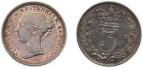 Great Britain United Kingdom 1873 3 Pence - Victoria (1st portrait; Maundy issues) Silver (.925) (4488) 1.41g PL KM 730 Sp 3914 Sp 3918