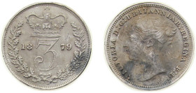 Great Britain United Kingdom 1879 3 Pence - Victoria (1st portrait) Silver (.925) (3140200) 1.41g AU Cleaned KM 730 Sp 3914 Sp 3918