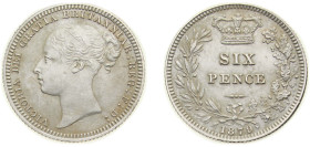 Great Britain United Kingdom 1879 6 Pence - Victoria (1st portrait) Silver (.925) (3326300) 2.83g AU Cleaned KM 751 Sp 3910 Sp 3911