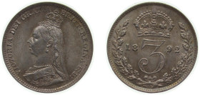 Great Britain United Kingdom 1892 3 Pence - Victoria (2nd portrait; Maundy issues) Silver (.925) (4488) 1.42g PL KM 758 Sp 3931 Sp 3934