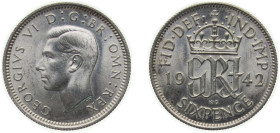 Great Britain United Kingdom 1942 6 Pence - George VI (1st coinage) Silver (.500) Royal Mint (Tower Hill) (44942700) 2.83g UNC KM 852 Sp 4084