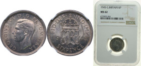 Great Britain United Kingdom 1945 6 Pence - George VI (1st coinage) Silver (.500) (39939200) 2.83g NGC MS 62 KM 852 Sp 4084
