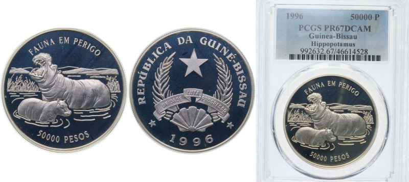 Guinea-Bissau Republic 1996 50 000 Pesos (Hippopotamus-Female and calf) Silver (...