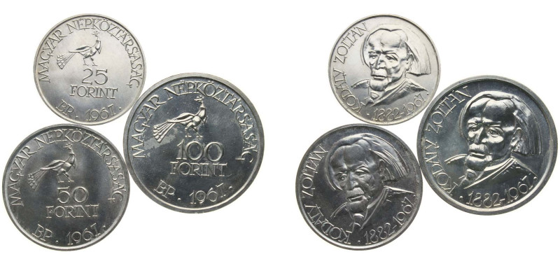 Hungary People's Republic 1967 BP 25, 50, 100 Forint (Zoltán Kodály, 3 Lots) Sil...