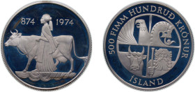 Iceland Republic 1974 500 Krónur (1st Settlement) Silver (.925) Royal Mint (58000) 20g PF KM 20 Schön 23