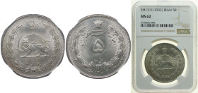 Iran Empire SH 1311 (1932) 5 Rials - Rezā Pahlavī Silver (.828) (4527000) 25g NGC MS 62 KM 1131