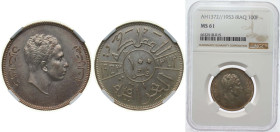 Iraq Kingdom AH 1372 (1953) 100 Fils - Faisal II Silver (.900) Royal Mint (Tower Hill) (1200000) 10g NGC MS 61 KM 115 Schön 21