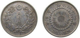 Japan Empire M41 (1908) 年一十四治明 50 Sen - Meiji Silver (.800) Osaka Mint (25470371) 10.13g XF Y 31 JNDA 01-15