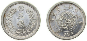 Japan Empire M8 (1875) 年八治明 5 Sen - Meiji Silver (.800) Osaka Mint 1.35g UNC Y 22 JNDA 01-35
