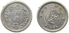 Japan Empire M8 (1875) 年八治明 5 Sen - Meiji Silver (.800) Osaka Mint (6396784) 1.35g XF Y 22 JNDA 01-35