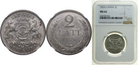 Latvia Republic 1925 2 Lati Silver (.835) Royal Mint (Tower Hill) (6385531) 10g NGC MS 62 KM 8 Schön 8