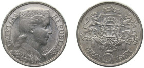 Latvia Republic 1929 5 Lati Silver (.835) Royal Mint (Tower Hill) (1000000) 25g UNC KM 9 Schön 9