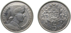 Latvia Republic 1932 5 Lati Silver (.835) Royal Mint (Tower Hill) (600000) 25g AU KM 9 Schön 9