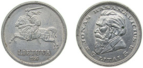 Lithuania Republic 1936 5 Litai (Jonas Basanavičius) Silver (.750) Kaunas Mint (2612000) 8.95g AU KM 82 Schön 12