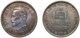 Lithuania Republic 1938 10 Litų (20th anniversary of Republic) Silver (.750) Brussels Mint (180000) 17.84g AU KM 84