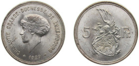 Luxembourg Principalty 1929 5 Francs - Charlotte (Silver) Silver (.625) Stuttgart Mint (2000000) 8g UNC L 288-1 Weiller 278 KM 38 Schön 19
