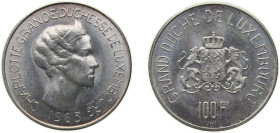 Luxembourg Principalty 1963 100 Francs - Charlotte Silver (.835) (16.5% Copper) Brussels Mint (50000) 17.79g UNC L 302-1 Weiller 292 KM 52 Schön 36