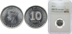 Malaysia Malaya British colony 1943 10 Cents - George VI Silver (.500) Royal Mint (5000000) 2.71g NGC MS 66 KM 4a Schön 37a