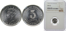 Malaysia Malaya British colony 1945 5 Cents - George VI Silver (.500) Royal Mint (8800000) 1.36g NGC MS 66 KM 3a Schön 36a