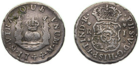 Mexico Spanish colony 1744 Mo M 1 Real - Felipe V Silver (.917) Mexico City Mint 3.25g VF Rim Damage KM 75.2