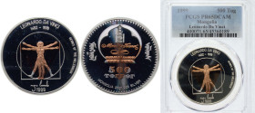 Mongolia Republic 1999 500 Tögrög (Leonardo Da Vinci) Bimetallic: gold plated silver (.925) centre in silver ring (2500) 25g PCGS PR 65 KM 181