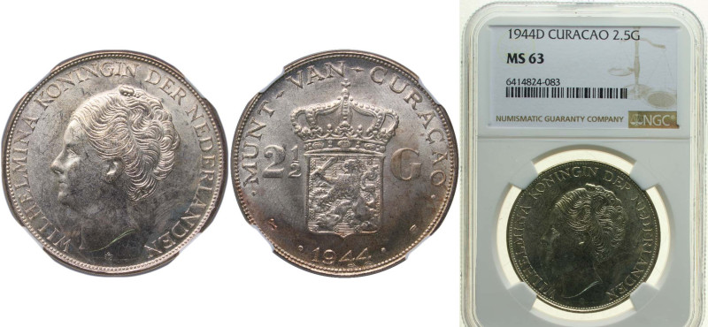 Netherlands Antilles Curaçao Dutch colony 1944 D 2½ Gulden - Wilhelmina Silver (...