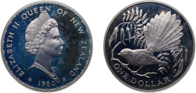New Zealand State 1980 1 Dollar - Elizabeth II (Berry Portrait; Fantail bird) Silver (.925) Royal Mint (20000) 27.2g PF KM 49a