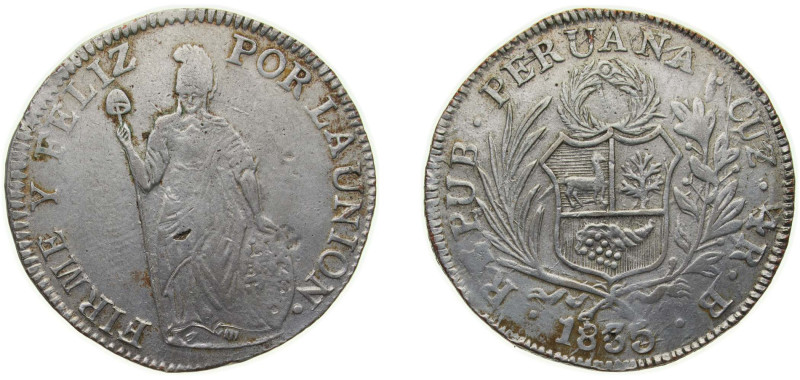 Peru Republic 1835 CUZ B 4 Reales Silver (.667) Cusco Mint 13.42g AU KM 151.1