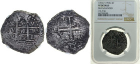 Peru Spanish colony 1692 L V 4 Reales - Carlos II (Obverse : Clear Mintmark "L" at bottom right and Clear Mint Official's Initial "V" at top right, Re...