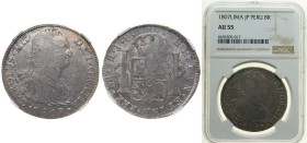 Peru Spanish colony 1807 LIMAE JP 8 Reales - Carlos IV Silver (.896) Lima Mint (3562000) 27.06g NGC AU 55 KM 97