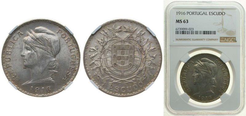 Portugal First Republic 1916 1 Escudo Silver (.835) Lisbon Mint (1405000) 25g NG...