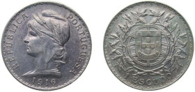 Portugal First Republic 1916 1 Escudo Silver (.835) Lisbon Mint (1405000) 24.47g AU KM 564 Gomes R 23