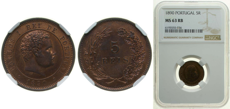Portugal Kingdom 1890 5 Réis - Carlos I Bronze (430000) 3g NGC MS 63 RB KM 530 G...