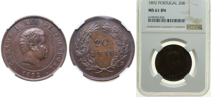 Portugal Kingdom 1892 20 Réis - Carlos I Bronze 12g NGC MS 61 BN KM 533 Gomes C1...