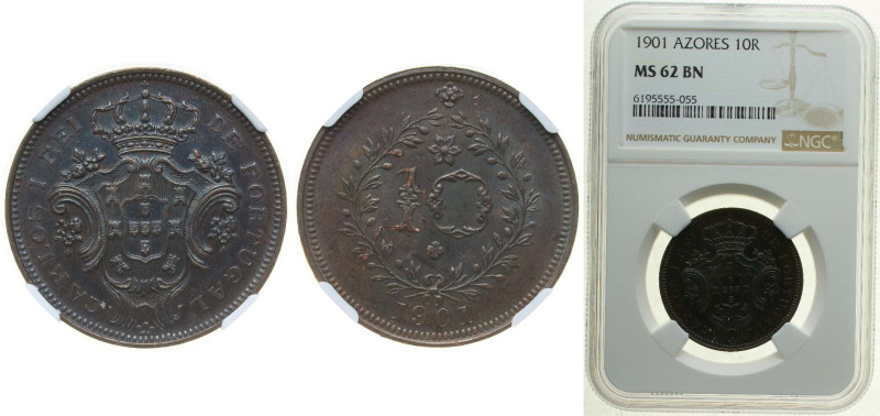 Portugal Azores Kingdom 1901 10 Réis - Carlos I Copper (600000) 9.6g NGC MS 62 B...