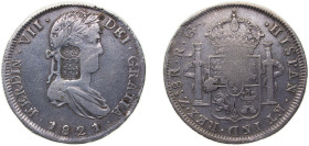 Portugal Kingdom 1834 870 Réis - Maria II (Countermark "Crowned Shield" over 8 Reales Zacatecas 1821, Spain and América) Silver (.903) 26.42g VF KM 44...