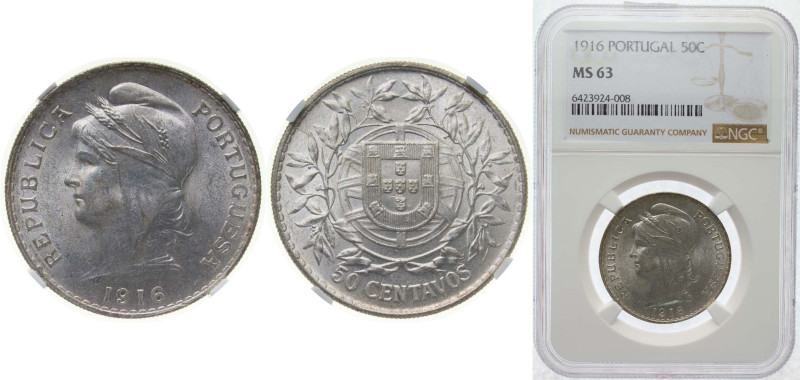 Portugal Kingdom 1916 50 Centavos Silver (.835) Lisbon Mint (5080000) 12.5g NGC ...