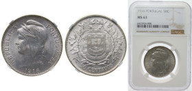 Portugal Kingdom 1916 50 Centavos Silver (.835) Lisbon Mint (5080000) 12.5g NGC MS 63 KM 561 Gomes R 18