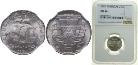 Portugal Second Republic 1951 2.50 Escudos Silver (.650) Lisbon Mint (4000000) 3.5g NGC MS 66 KM 580 Gomes R 30