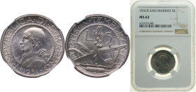 San Marino Republic 1931 R 5 Lire Silver (.835) Rome Mint (50000) 5g NGC MS 62 KM 9