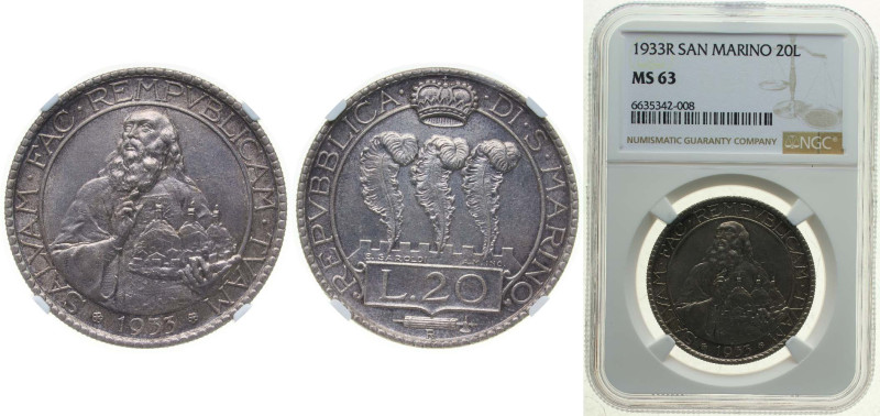 San Marino Republic 1933 R 20 Lire Silver (.800) Rome Mint (10000) 15g NGC MS 63...