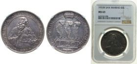 San Marino Republic 1933 R 20 Lire Silver (.800) Rome Mint (10000) 15g NGC MS 63 KM 11 Pag 342-346