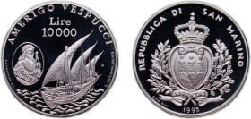 San Marino Republic 1995 R 10 000 Lire (Amerigo Vespucci) Silver (.835) Rome Mint (35000) 22g PF KM 334