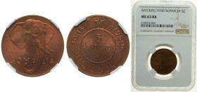 Somalia Italian Somaliland Italian colony 1950 5 Centesimi Brass (Cu 95%, Zn 5%) Rome Mint (6800000) 5.86g NGC MS 63 RB KM 2 Schön 2