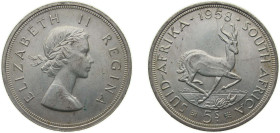 South Africa Union 1958 5 Shillings - Elizabeth II (1st portrait) Silver (.500) Pretoria Mint (233000) 28.22g UNC KM 52 Hern S318-324