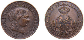 Spain Kingdom 1867 OM 2½ Centimos de Escudo - Isabel II Bronze Barcelona Mint 6.49g AU KM 634