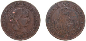 Spain Kingdom 1867 OM 5 Centimos de Escudo - Isabel II (Very curious Contemporary counterfeit) Bronze Segovia Mint 11.68g VF KM 635