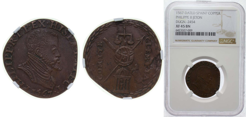 Spain Kingdom 1567 Jeton - Philippe II Copper NGC XF 45 BN DUGN 2454