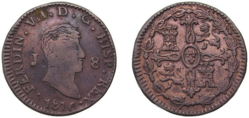 Spain Kingdom 1816 J 8 Maravedis - Fernando VII 1st portrait) Copper Jubia Mint ...